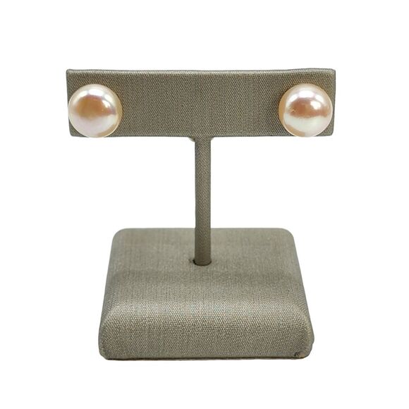 925 Sterling Silver 10mm Button Peach Cultured Freshwater Pearl‎ Stud Earrings - Picture 3 of 10